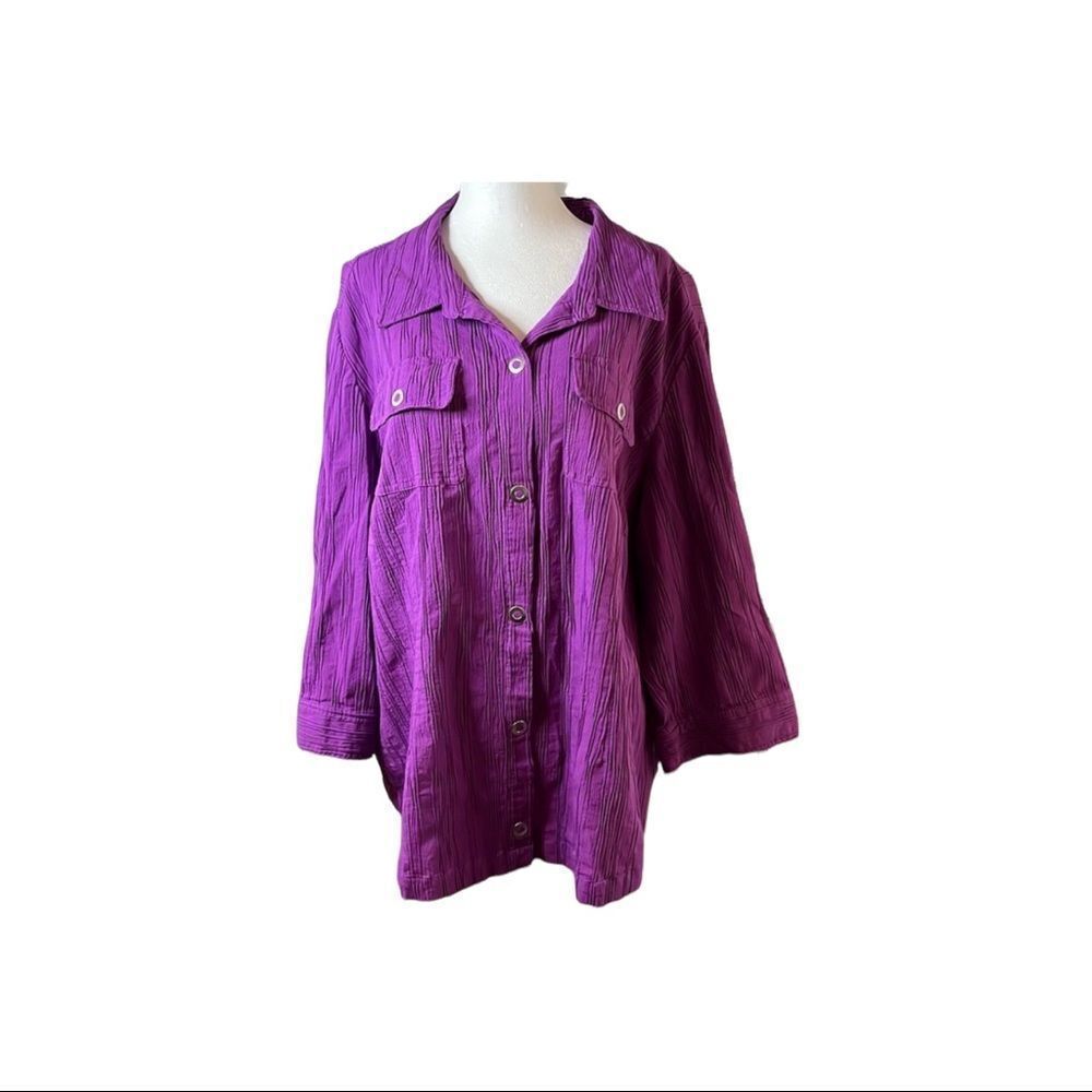 Cj Banks purple snap front top w/ mid-length sleeves & two front pockets size 2X